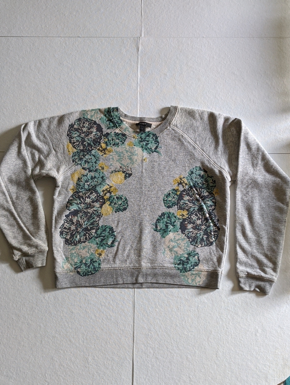 J. Crew Gray Crewneck Sweatshirt with Teal and Yellow Floral Print - Sz S